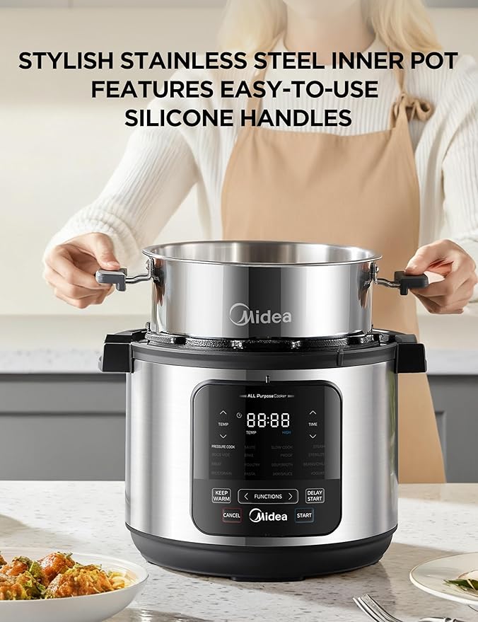 Midea 10-in-1 Electric Pressure Cooker with Slow Cooker, Steamer, Saute, Sous Vide, and Bake Modes, Stovetop & Oven Safe Stainless Steel Pot, 6 Quarts
