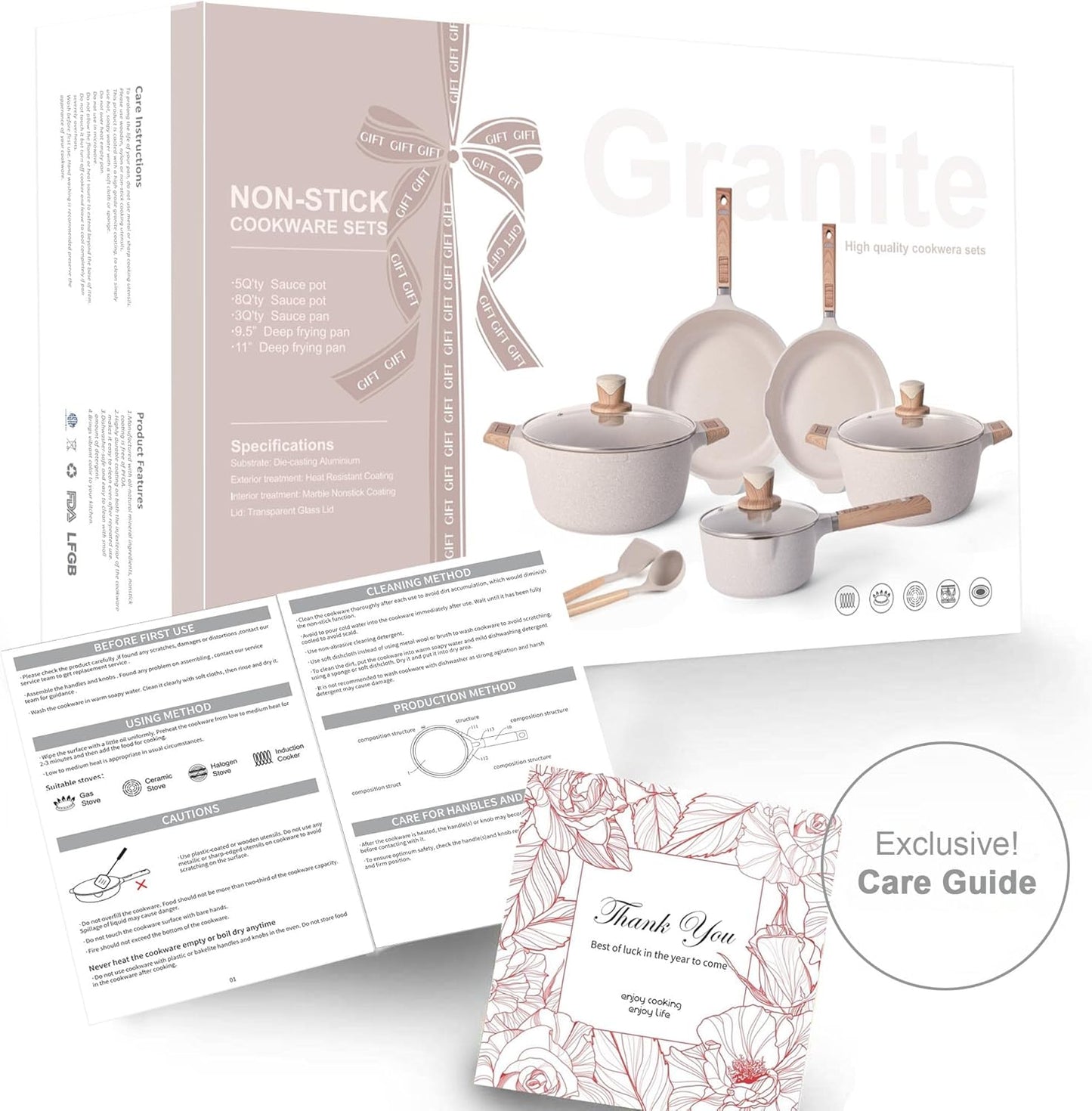 Large Nonstick Cookware Set With Lids - Pots, Pans and Kitchenware for Induction Cooking, Includes 8 QT Stockpot, Saucepan and Frying Pan