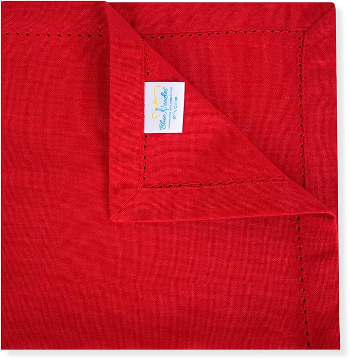 Blue Needles Set of 12 Hemstitch Linen Napkins 100% Cotton Red Cloth Dinner Napkins 18x18 inches, Soft, Reusable, Absorbent, Washable, Ideal for Fall Thanksgiving Events, Parties & Everyday Use