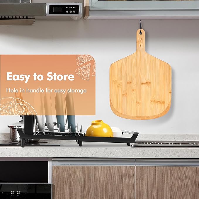 12 Inch Bamboo Pizza Peel Premium Wooden Pizza Board Paddle with Handle for Baking, Serving & Cutting– Use for Pizza, Bread, Pastries, Dough, Easy Grip