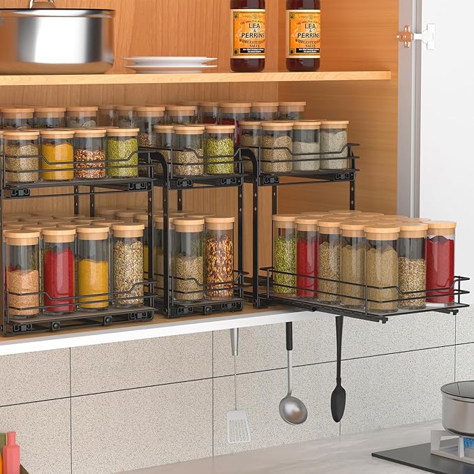 2-Tier Spice Rack, Pull Out Spice Racks Organizer for Cabinet, Height Adjustable Heavy Duty Metal Basket for Inside Cabinets & Pantry Closet (7.5''Wx10.5''Dx9.5''H)