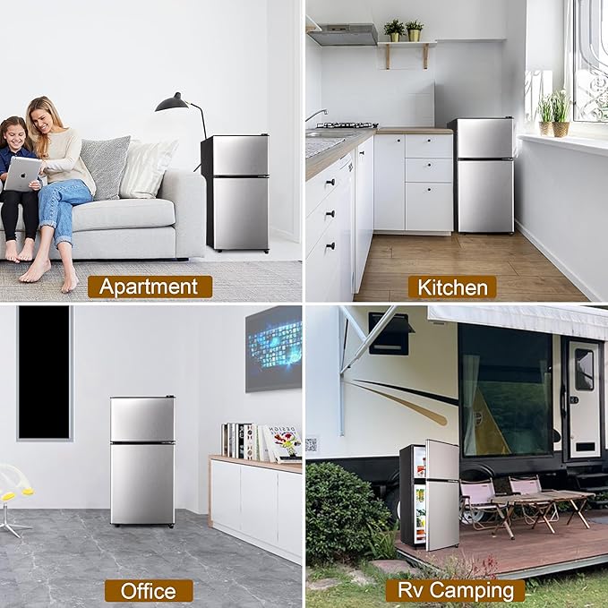 Mini Fridge with Freezer, 3.2 Cu. Ft. Double-Door Small Refrigerator with Adjustable 7-Level Thermostat & Separate Freezer, Dorm Fridge Compact for Kichen, RV, Office, Apartment, Silver