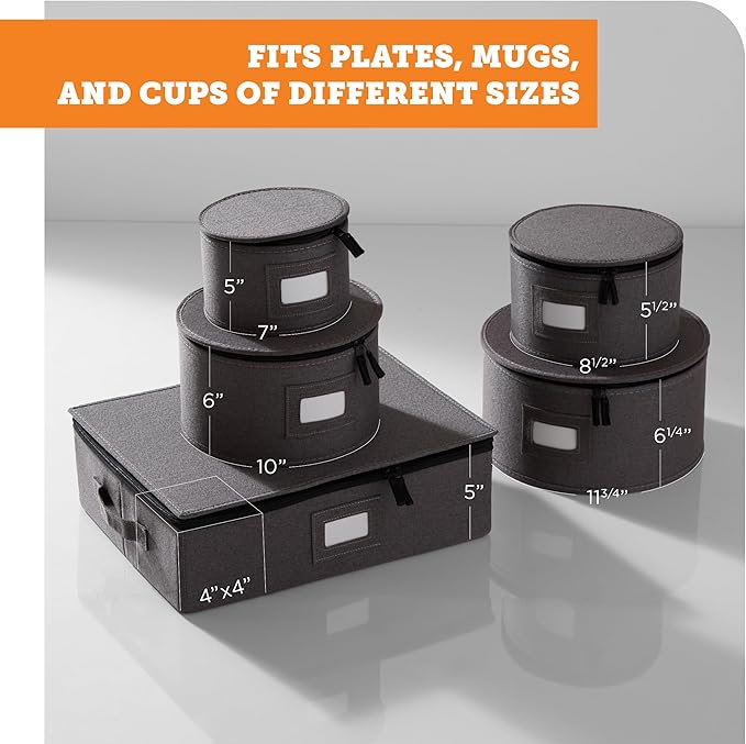 storageLAB China Storage Containers, Hard Shell Case with Felt Dividers for Charger Plates, and Dishes, Ideal for Kitchen Organization, Moving Supplies, and Fine China Storage - 5-Piece Set, Gray