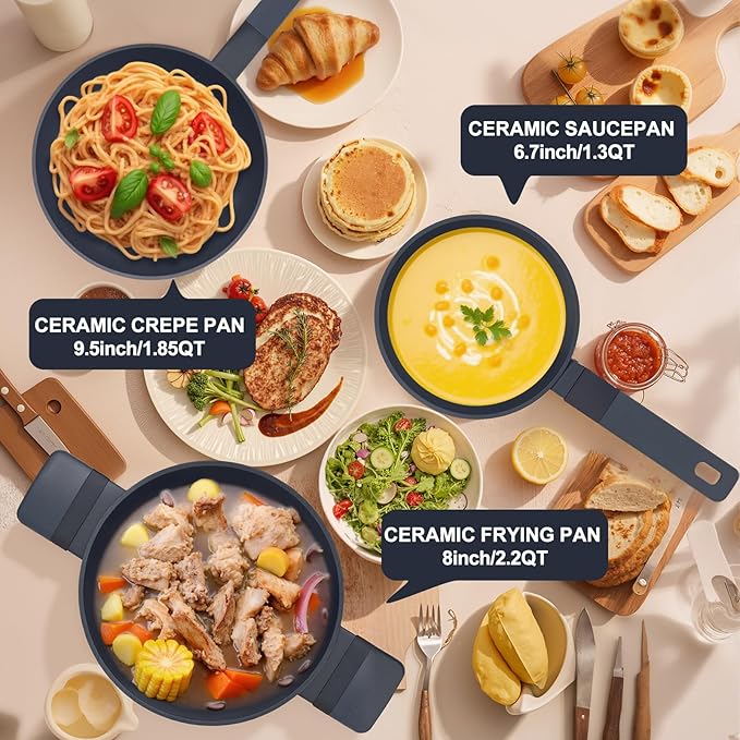 Non-Toxic Ceramic Cookware Set, 3-Piece Black Pots and Pans Set Non Stick, PFOA & PTFE Free, For All Stovetops Induction, Dishwasher Safe with Stay-Cool Handles