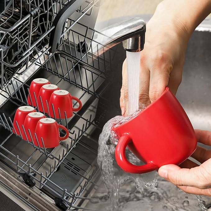 Hasense Cappuccino Cups with saucers, 6 Ounce Ceramic Coffee Mugs Set of 6 Perfect for Espresso, Specialty Coffee Drinks, Latte, Cafe Mocha and Tea, Red