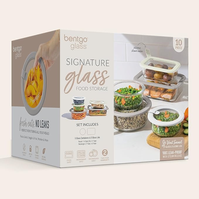Bentgo Signature Leak-Proof Glass Food Storage - 10-Piece Set, 1-Compartment Plastic-Free Containers with Airtight Glass Lids, BPA-Free, Microwave, Freezer, Oven & Dishwasher Safe (White Stone)