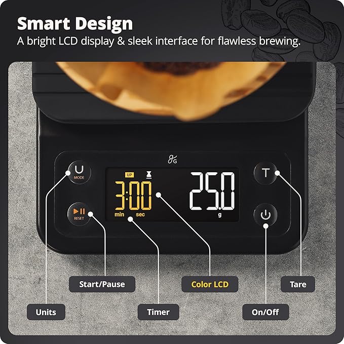 Greater Goods 0.1g Precision Coffee Scale with Timer ā 3kg Digital Scale for Pour-Over, Espresso, French Press, Kitchen Use (Onyx Black)