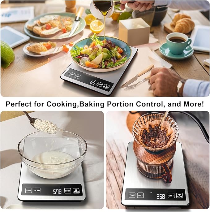 Fuzion Food Scale, 1g/0.1oz Kitchen Scale Grams and Ounces - 22lb, 7 Units, Tare & Timer Functions, Rechargeable Power, Tempered Glass & Stainless Steel - Digital Food Scale for Cooking, Baking