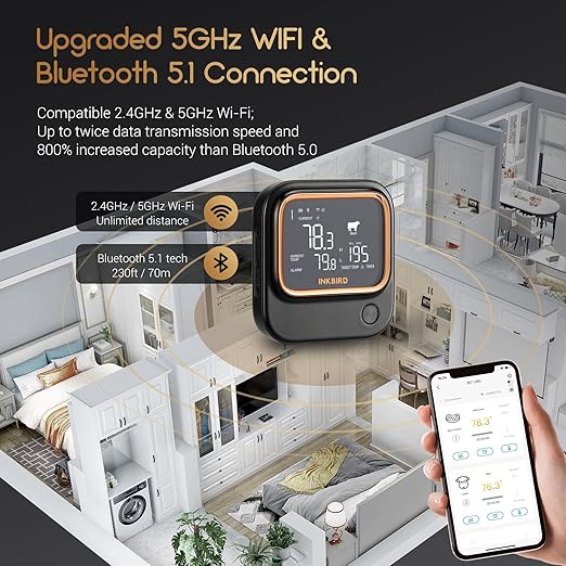 INKBIRD 5GHz/2.4GHz WiFi & Bluetooth 5.1 Meat Thermometer, 6 Probes WiFi Meat Thermometer for Smoking Grilling Wireless Meat Probe for BBQ Oven