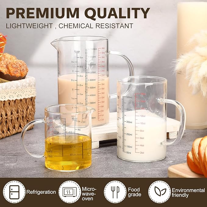 Lallisa 3 Pack High Borosilicate Glass Measuring Cups Set with Handle V Shaped Spout, 4, 2, 1 Cup 3 Scales (Oz, Cup, Ml) for Kitchen Restaurant Baking Cooking, Easy to Read, Clear(Black, Red Scale)