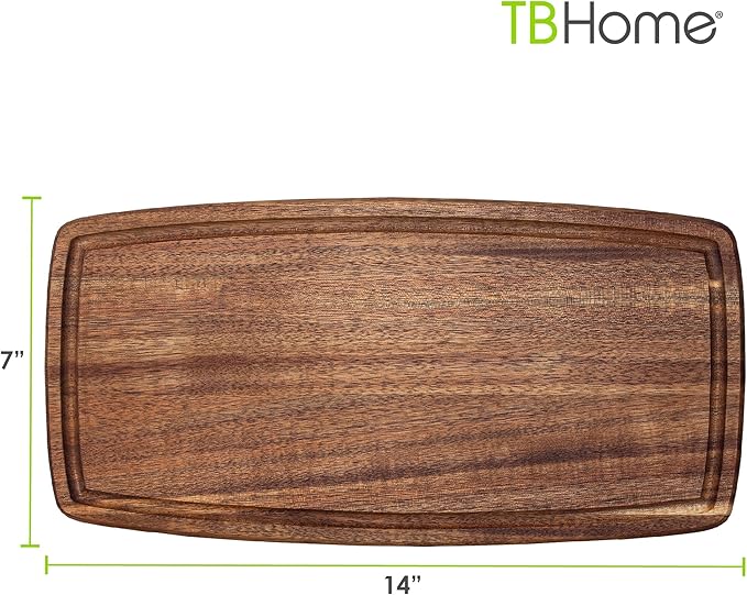 TB Home Acacia Wood Cutting Board with Juice Groove, Wooden Chopping Board for Kitchen, 14” x 7” x 5/8” (Pack of 2)