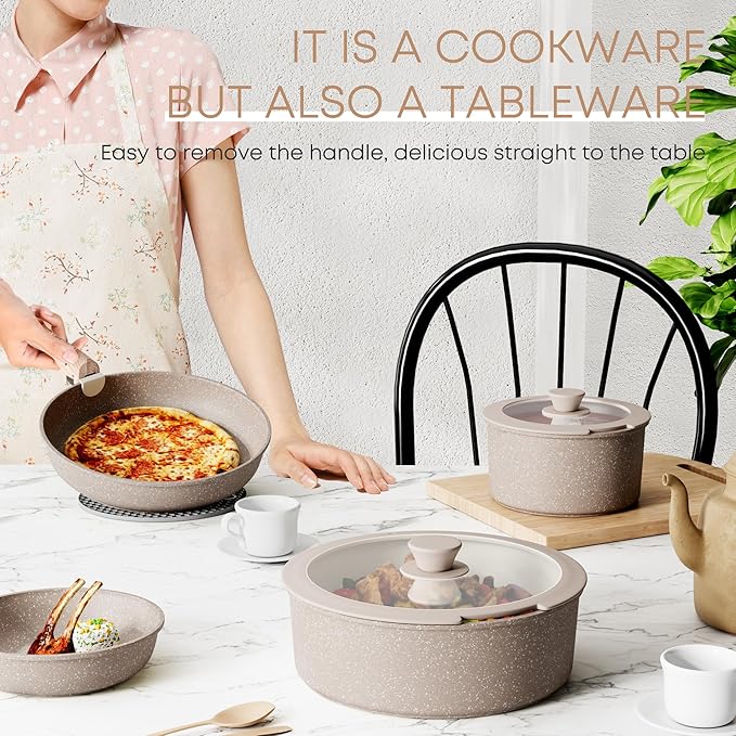 Caannasweis Detachable Nonstick Cookware Set - Stackable Induction Pots and Pans With Removable Handles, Dishwasher Safe - For RV Camping, Oven and Stovetop Use, 5 Pieces (Brown)