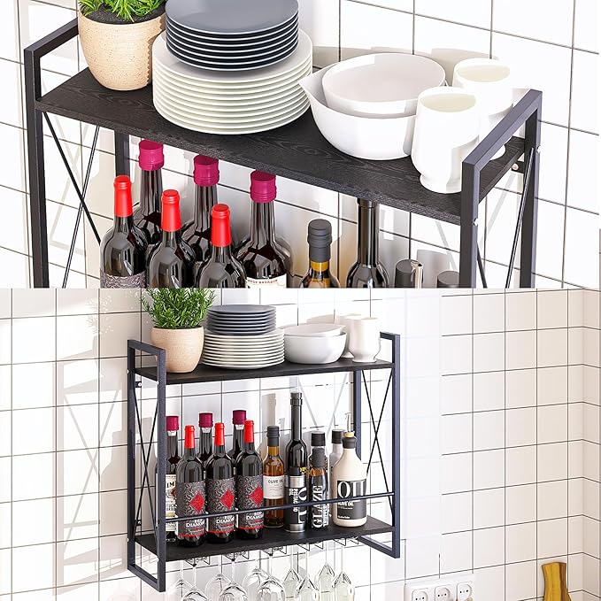 Dokser Wine Rack Wall Mounted 2 Tier Shelf, Wall Wine Rack with Rustic Wood & Industrial Iron Frame, Wine Bottle Holder for Kitchen, Dining Room, Home Bar Decor (Black)