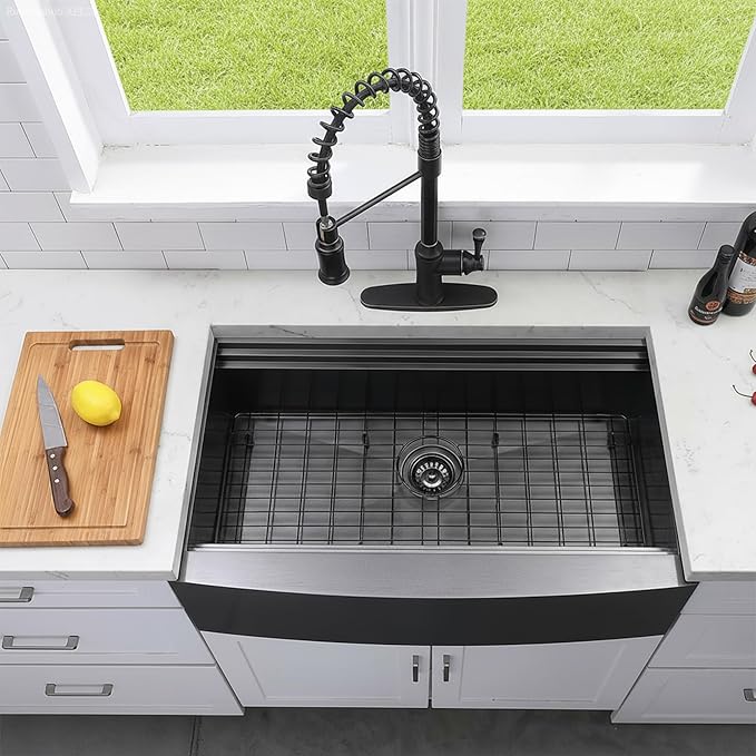 33 inch Black Farmhouse Sink, 16 Gauge Double Ledges Stainless Steel Farmhouse Kitchen Workstation, Apron Front Deep Single Bowl Kitchen Farm Farmer Style Sinks 33"x20"x9