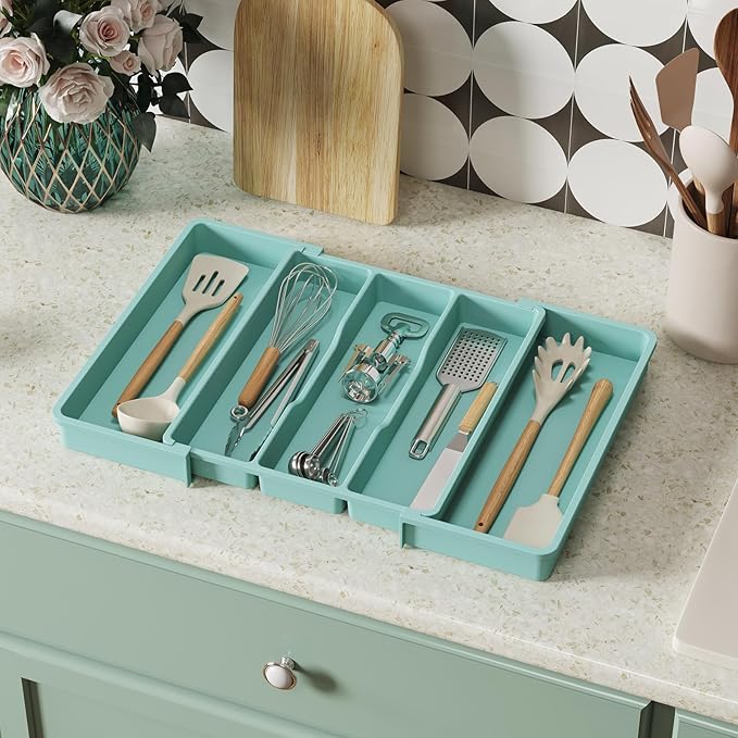 Lifewit Utensil Organizer for Kitchen Drawers, Expandable Cooking Utensil Tray, Adjustable Cutlery Silverware Flatware Holder, Plastic Spatula Tools and Gadgets Storage Divider, Large, Turquoise