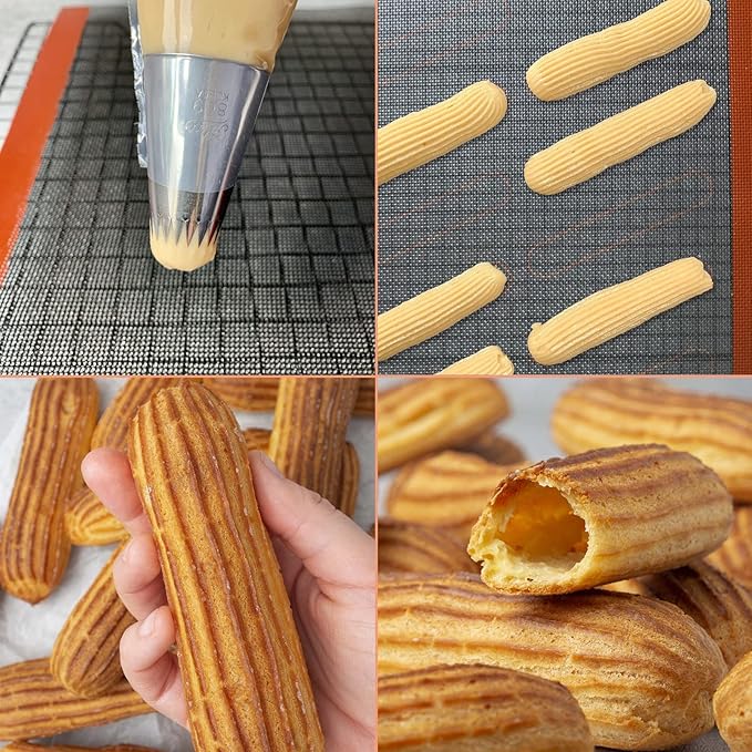 Perforated Silicone Baking Mats, 2 PCS Eclair Silicone Mat for Half Sheet with 12 Printed Oblong Eclair Guides, Non-Stick Reusable Oven Liners for Making Bread/Pizza/Pastry/Cookie 11-4/5" x 15-3/4"