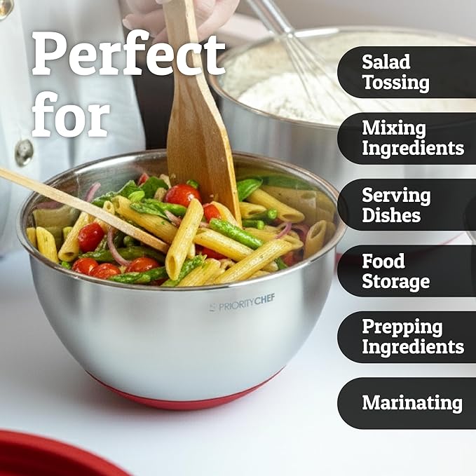 Priority Chef Stainless Steel Mixing Bowls with Lids Set, Metal Nesting Bowls with Airtight Lids, Graters, Non-Slip Base & Measurement Marks, Includes Utensil Set for Prep, Baking & Storage, Red
