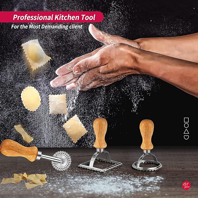 Artpico Ravioli Stamp Maker Cutter Roller Wheel Set of 5 Pasta Making Kit Wooden Handle Fluted Edge for Ravioli Press Cutter Pastry Dumplings Lasagna Pierogi Dough cut