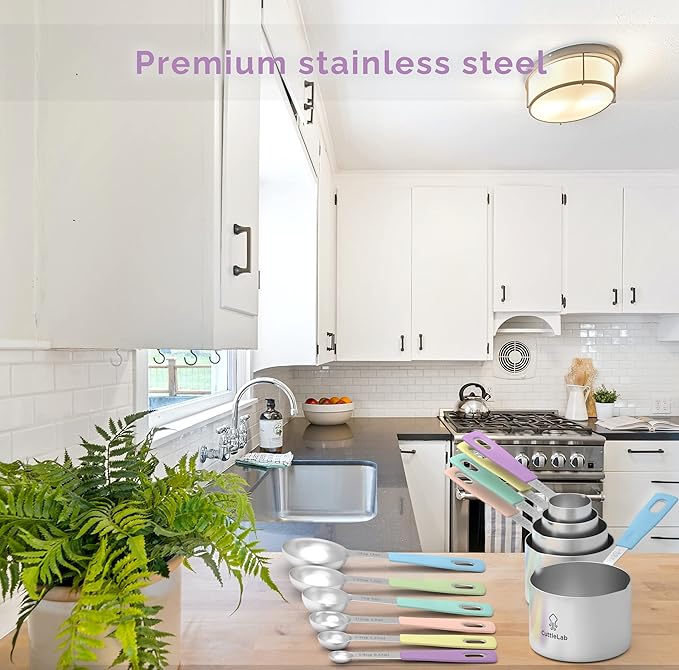 Measuring Cups and Measuring Spoons Set of 14 - Stainless Steel Measuring Cups and Spoons Set, Includes 1/8 Teaspoon Measuring Spoon, 1/8 Cup Measuring Cup, Leveler Dry (14,Cotton Candy)