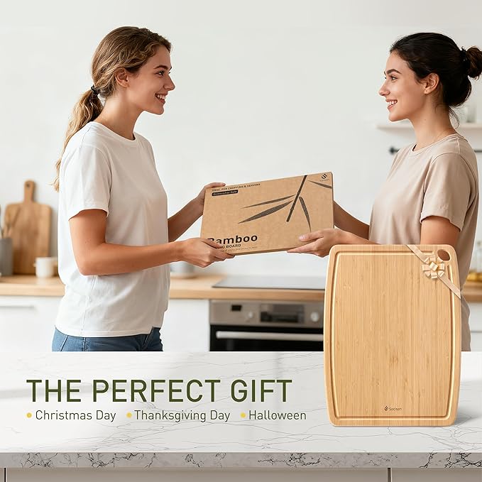 Lightweight Durable Bamboo Cutting Board with Non-Slip Feet, Extra Large Big Wood Cutting Boards for Kitchen with Juice Groove, Wooden Charcuterie & Chopping for Fruit, Vegetables & Cheese