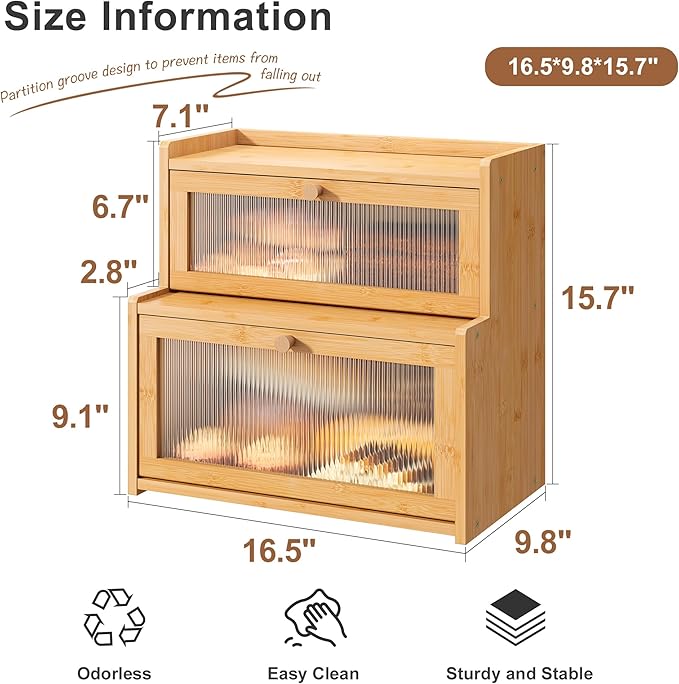 FILWH Bread Box for Kitchen Countertop Double Layer Large Corner Bread Box Capacity Bread Storage Bin Farmhouse Breadbox Container Organizer Cabinet Cupboard Nature