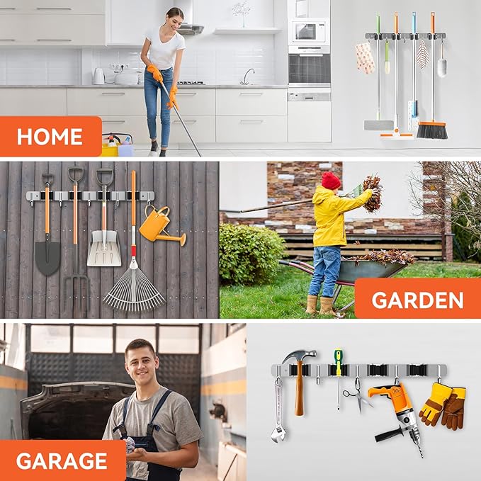 ZONGOOL 2 Pack Mop Broom Holder Wall Mount, 4 Racks and 5 Hooks Broom Organizer Storage Tool Racks Stainless Steel Non-slip Wall Hanger for Home Kitchen Garden Laundry Garage (Silver)