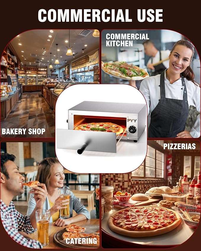PYY Commercial Pizza Oven Electric - 12 Inch Tabletop Pizza Oven Indoor Stainless Steel Professional Pizza Cooker Baker Countertop with Timer & Crumb Tray for Home Restaurant 1100W,Silver