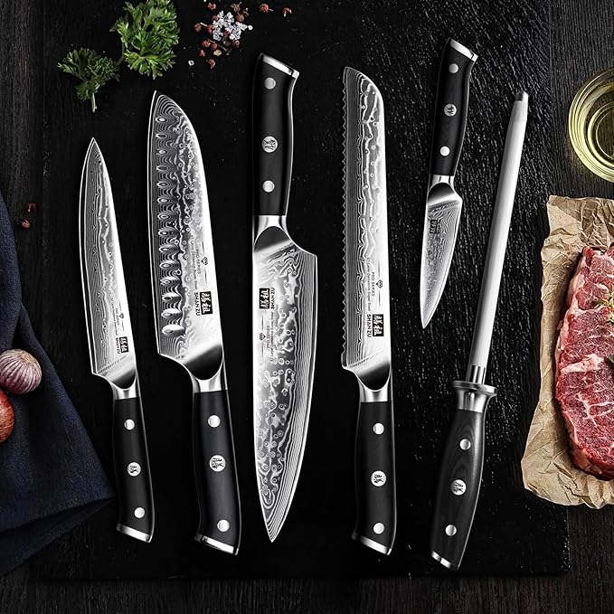 SHAN ZU Damascus Kitchen Knife Set, 7-Piece Professional Knife Sets for Chefs, Japanese Super Steel Damascus Kitchen Knife Set With G10 Handle Knife Block Set