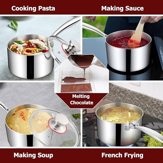 Homikit 3QT Saucepan with Lid, Tri-Ply Stainless Steel Sauce Pan, Induction Cooking Pot with Ergonomic Handle, Small Pot for Cooking, Warming Milk, Boiling Eggs, Dishwasher Safe