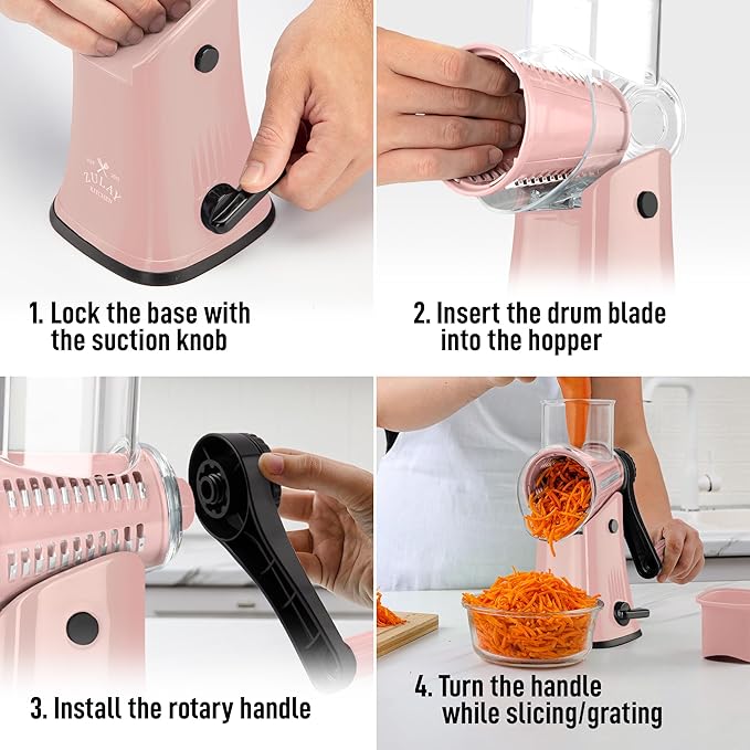 Zulay Kitchen Rotary Cheese Grater 5 Blade Cheese Shredder - Manual Hand Crank Cheese Grater With Reinforced Suction & 5 Interchangeable Drums - Easy to Use, Vegetable Chopper Round Mandoline Slicer