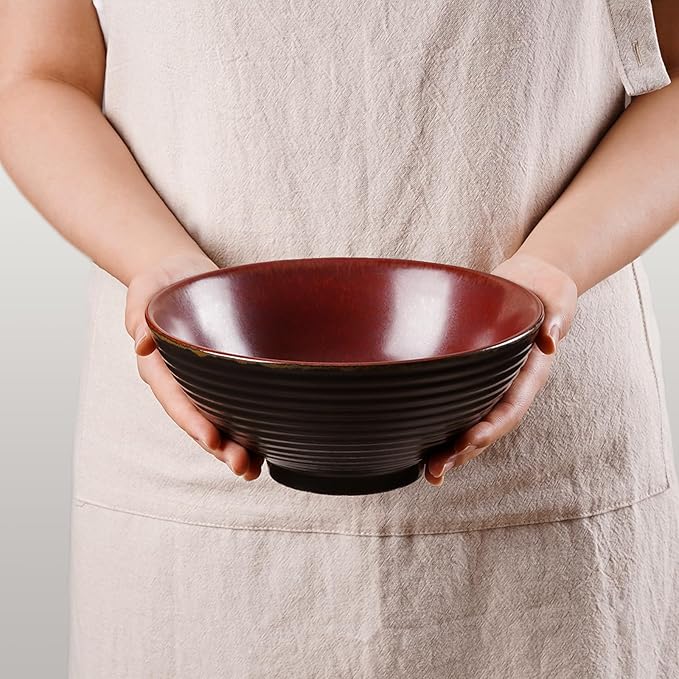 NUTRIUPS 8 Inch Ceramic Ramen Bowl Set of 2 Pho Bowls 40oz Japanese Noodle Udon Soup Bowls with Spoons and Chopsticks (Rusty Red Brown)