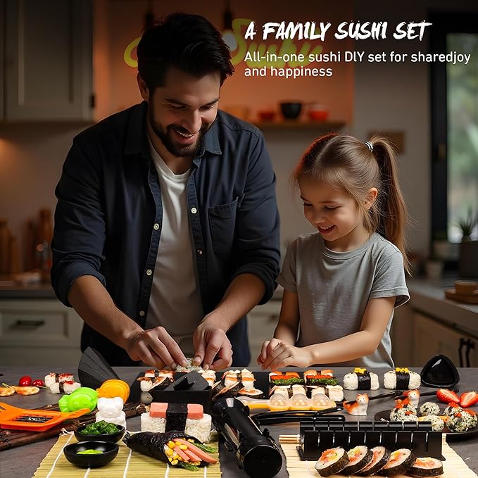 FUNGYAND Sushi Making Kit, 32-in-1 Complete Set with Bazooka Roller, Nigiri & Musubi Presses, Bamboo Mats, Knife, Peeler, Animal Rice Molds, Chopsticks & More – Perfect for Family Fun