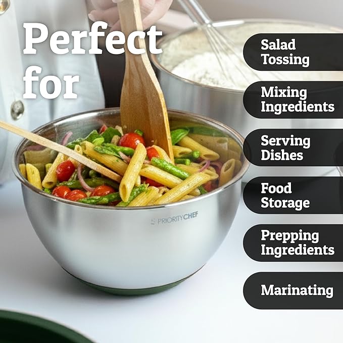 Priority Chef Stainless Steel Mixing Bowls with Lids Set, Metal Nesting Bowls with Airtight Lids, Graters, Non-Slip Base & Measurement Marks, Includes Utensil Set for Prep, Baking & Storage, Green