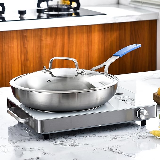 Inqibee 8.5-10-12 Inch Tri-Ply Stainless Steel Frying Pan Set with Lid,Skillets,Induction Cooking Pans,Pots and Pans Set,Dishwasher and Oven Safe,Detachable Handle.