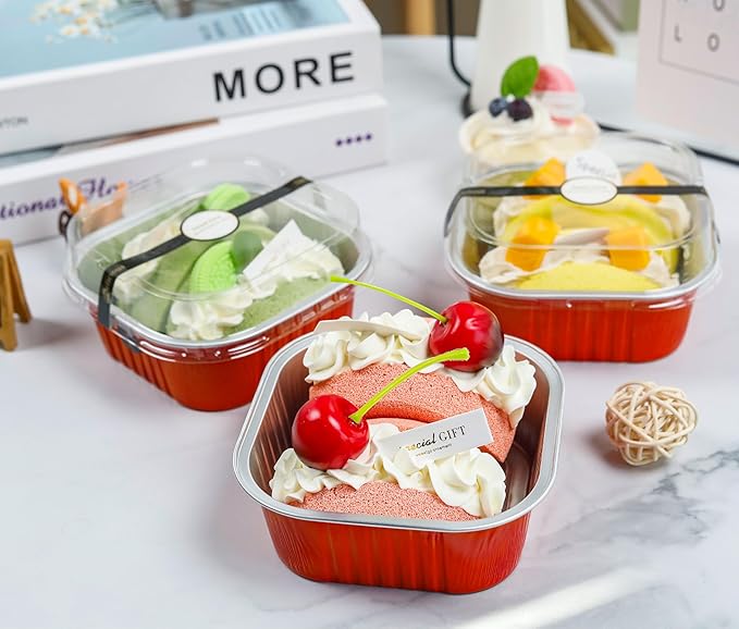 60 Pack Mini Cake Pans with Lids Mini Aluminum Pans, Disposable Loaf Pans Cupcake Liners with Lids for Pudding, Souffle, Party, Wedding(Red, 10 oz)