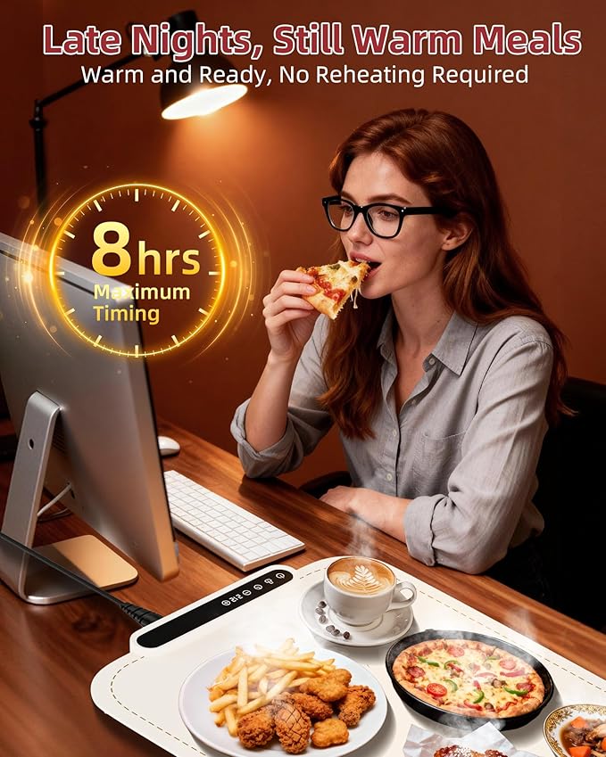 Warming Mat for Food, Upgraded Fast-Heating Electric Warming Tray with 7 Temp Levels & 8 Timers, Buffet Raised Feet & Rollable Silicone Heat Pad, Portable Food Warmer for Home, Party & Travel (Beige)