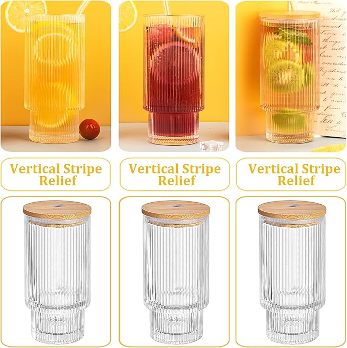 6 Pcs 16oz Ribbed Glass Cups With Bamboo Lids, Stackable, Suitable for Coffee, Juice, Cocktails, Beer