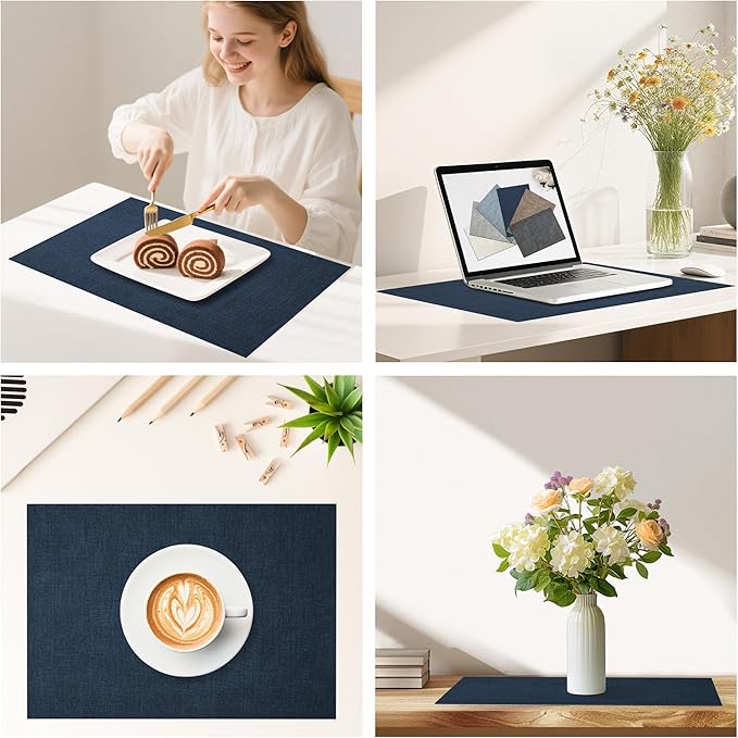 DOLOPL Placemats Set of 4, Reversible Wipeable & Heat Resistant Place Mats, Modern Faux Leather Table Mats for Kitchen, Neutral Waterproof Tablemats for Dining Table Decor, Wedding, Party(Navy Blue)