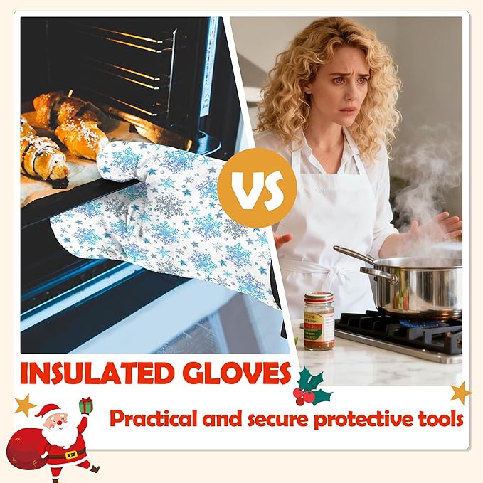 Oven Mitts Pot Holders Set 3 for Kitchen, Christmas Snowflakes Insulation Oven Gloves Heat Resistant Pot Pads Cook Essentials Accessories for BBQ Baking Cooking Kitchen Decor Gifts for Women