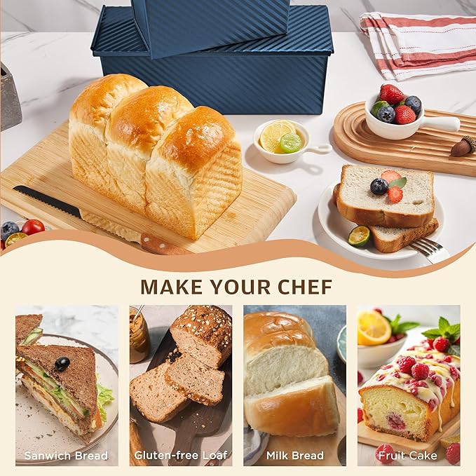 KITESSENSU Pullman Loaf Pan with Lid, 1 lb Dough Capacity Non-Stick Bakeware for Baking Bread, Carbon Steel Corrugated Bread Toast Box Mold with Cover,Blue