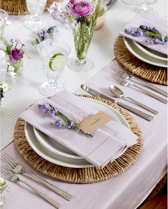 Solino Home Linen Napkins Set of 6 - Classic Hemstitch 100% Pure Linen Lilac Dinner Napkins Cloth 20 x 20 Inch - Handcrafted and Machine Washable