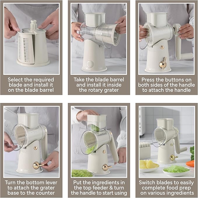 COOK WITH COLOR Rotary Cheese Grater with Handle - Counter Cheese Grater Suction Base with Hand Crank - 5 Blade Cheese Shredder - Easy to Use Manual Vegetable Chopper and Mandolin