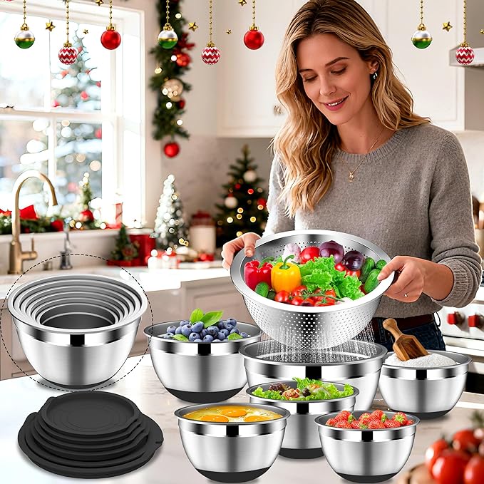 Mixing Bowls with Lids Set - 16pcs Stainless Steel Mixing Bowl Set with Colander, 3 Grater Attachments, Non-Slip Bottom, Metal Nesting Bowls with Strainer for Mixing & Serving - Black