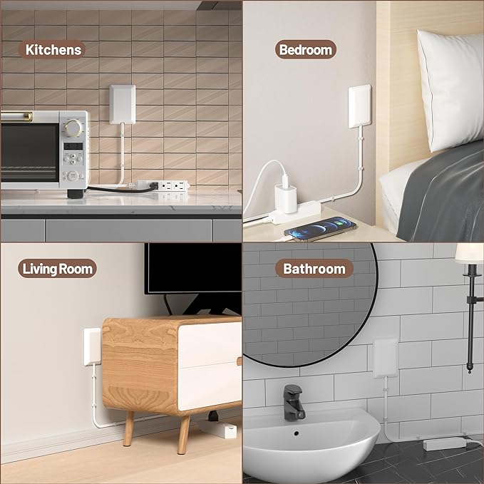 5FT Flat Extension Cord Ultra Thin Outlet Concealer with Cord Concealer Kit,Flat Outlet Extender with 3 Outlet Power Strip,Universal Size Flat Plug Power Strip for Home,ETL Listed,White