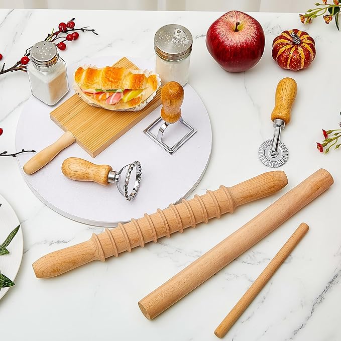 Tioncy 7 Pcs Pasta Making Tool Set Wood Gnocchi Board with Ravioli Stamp Ravioli Maker and Rolling Pin Homemade Gnocco Maker Kitchen Gift for Christmas Baking Lovers(Classic Gnocchi Board Set)
