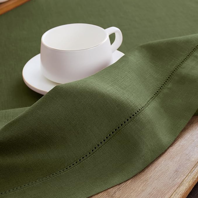 Solino Home Linen Cloth Placemats Set of 4-100% Pure Linen Hemstitch Olive Placemats 14 x 19 Inch - Classic Hemstitch Table Place Mats for Fall, Autumn, Thanksgiving, Christmas