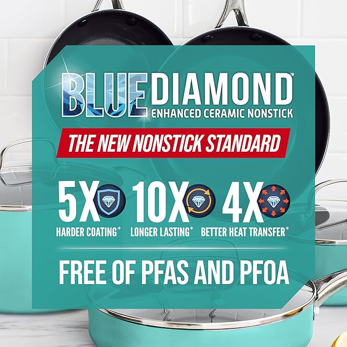 Blue Diamond Frying Pan 8” Skillet, Diamond Infused Healthy Ceramic Nonstick, PFAS and PFOA-Free, Dishwasher and Oven Safe, Even Heating, Metal Utensil Safe, Warp Control Base, Turquoise