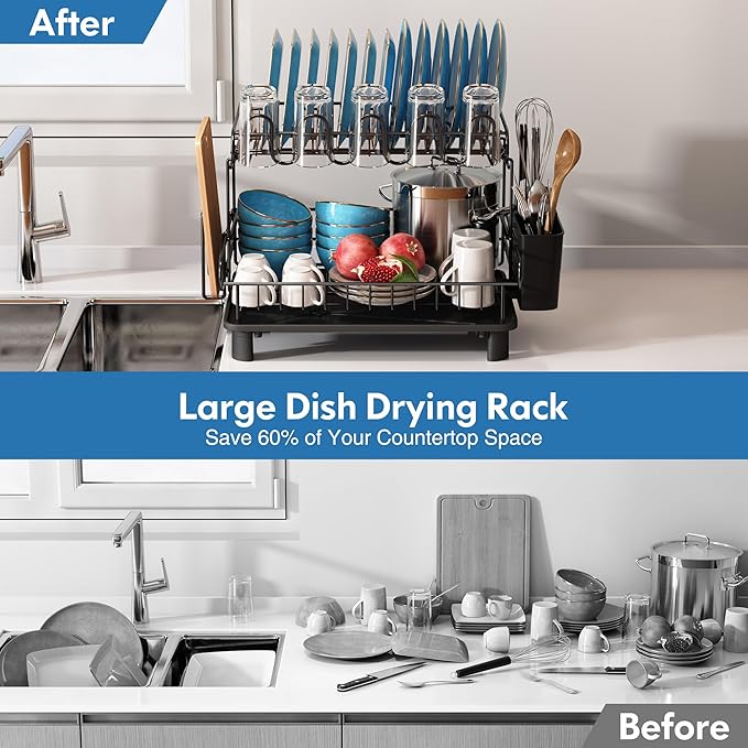 MAJALiS 2 Tier Black Large Stainless Steel Dish Drainers Drying Rack for Kitchen Counter with Drainboard, Rust Proof Metal, Space Saving, Modern Aesthetic, Compact Plates Strainers