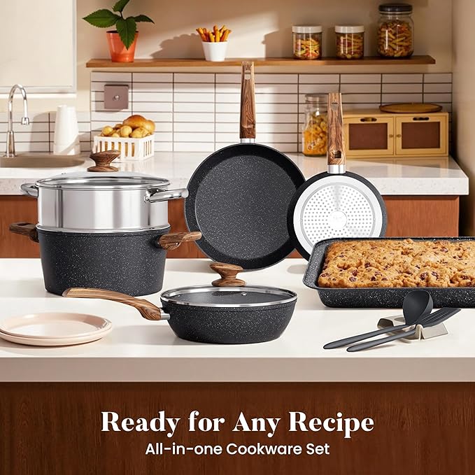 Kitchen Academy 17Pcs Pots and Pans Set Non Stick, Nonstick Kitchen Cookware Sets, Black Granite Induction Cookware, Non-toxic Healthy Nonstick Cooking Pans Set