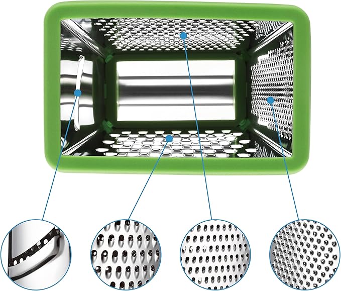 Spring Chef Green Professional Stainless Steel XL Parmesan Cheese Grater with Handle - 4 Sided Box Grater for Kitchen - Dishwasher Safe Food Shredder for Carrot, Potato, Vegetables, Ginger, Hash Brown